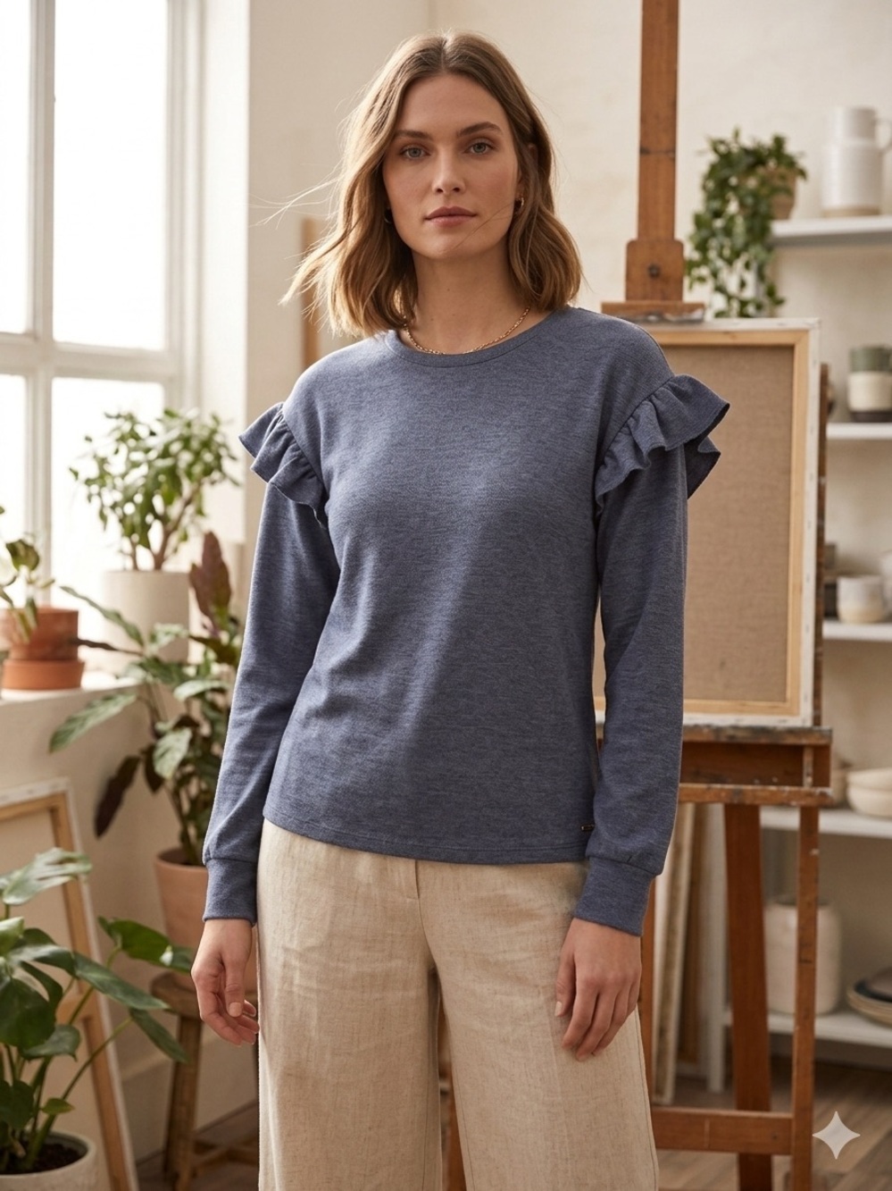 NWT Nine West Women's Blue Ruffle Shoulder Long-Sleeve Top